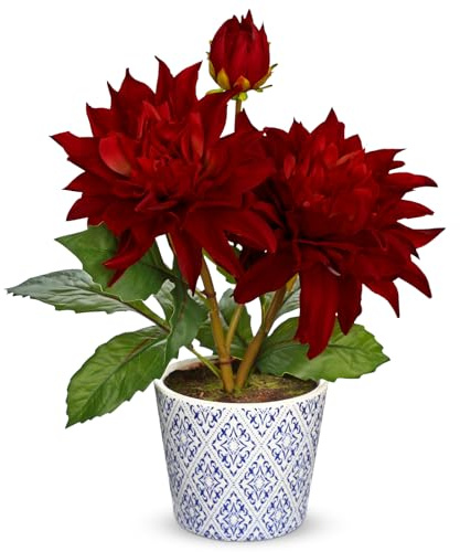Hollyone Kunstblume Dahlie im Topf, Rot Dahlien Künstlich Wie Echt Deko Blume mit Topf Seidenblume für Fensterbank Haus Bad Büro Tisch Dekoration