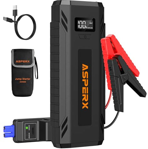 AsperX Avviatore Batteria Auto 4000A, Avviatore di Emergenza per Moto (Tutti i Veicoli a Benzina o Diesel fino a 10L), Booster Avviamento Auto12V con Torcia LED, Schermo LCD da 1,4 Pollici
