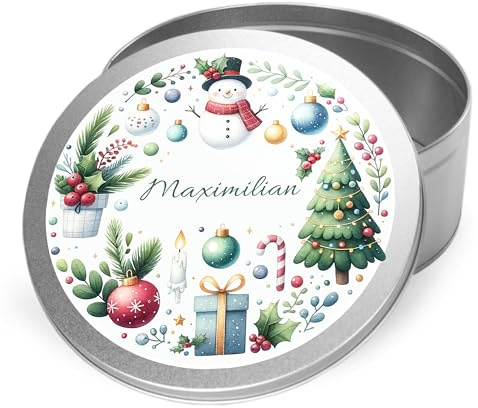 GRAZDesign Keksdose personalisiert Weihnachten Schneemann Tannenbäume rund Vorratsdose
