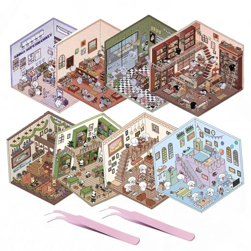 8Sets DIY 3D House Stickers, Fun DIY Stickers Scene Make Your Own Supermarket|Coffee Shop|Restaurant|Bookstore, Fun DIY Stacking Scene Stickers, DIY 3D Sticker Scene Stickers, Style A+Style B