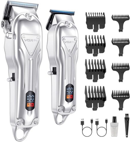 VGRPRO Haarschneidemaschine, Schnurlose Haarschneider Herren und Trimmer Herren Set, Haarschneide set mit langer Akkulaufzeit, elektrischer Haartrimmer für die Familie,Barbier, Friseur(Silber)