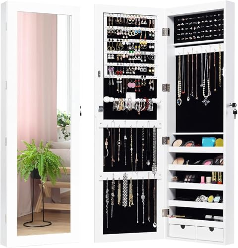 GOPLUS Armario Joyero de Pared con Espejo Integrado y Luz LED, Armario para Cosméticos con Varios Compartimentos y Puerta con Cerradura, para Salón, Dormitorio y Porche, Blanco
