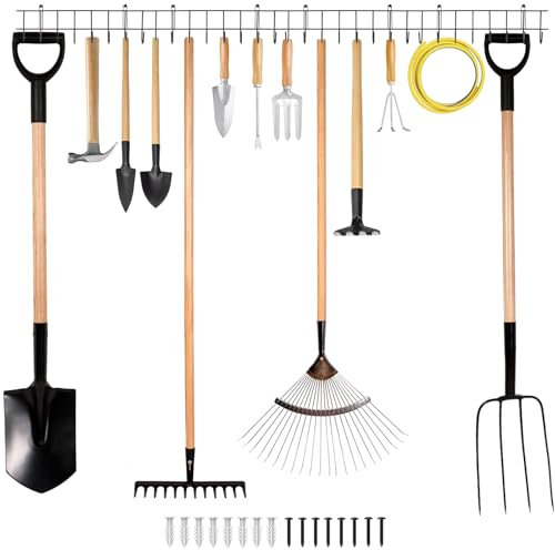 CROWNSHOP Garden Tool Storage Rack 164CM Garage Tool Organizer Wall Mount Garden Tool Holder Yard Tool Hangers Heavy-Duty Hook Wall Storage Rack Holds Garden Tools Shovels Rakes Hoses Ropes