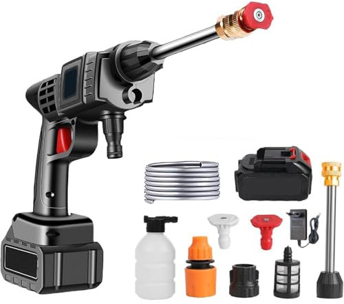 PZCC Nettoyeur Haute Pression, Pistolet Haute Pression sans Fil 35Bar, Nettoyeur Haute Pression sur 1 Batterie, Chargeur et Tuyau de 5M, pour Lavage et Arrosage de Voiture (30000mah) (Noir)