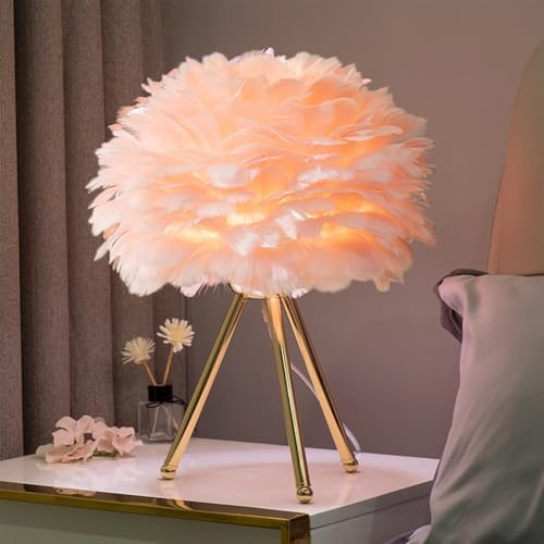Mengjay Feder-Tischlampe, Nachttischlampe mit goldenem Sockel, Feder-Tischleuchte, Schreibtisch-Lampenschirm für Schlafzimmer, Heimdekoration, Wohnzimmer,Kinderzimmer (B)