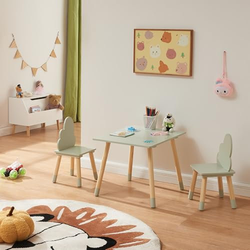 [en.casa] Juego Mesa y Sillas Infantiles Hovle Respaldo en Forma de Nubes Mesa Rectangular Conjunto Decorativo de 3 Piezas para Niños y Niñas MDF/Pino 44 x 60 x 48 cm - Verde Menta