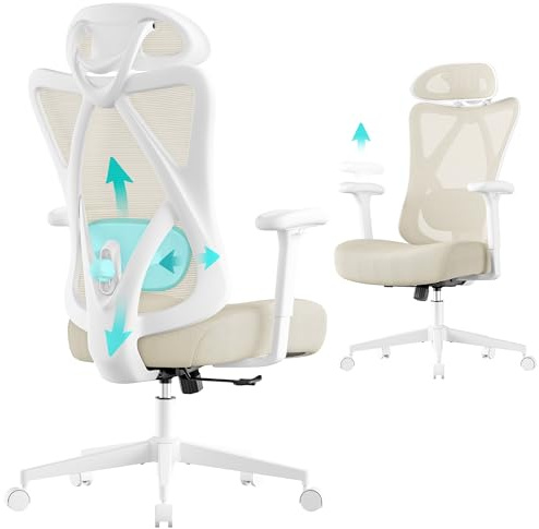 SONGMICS Bürostuhl ergonomisch, Schreibtischstuhl, Computerstuhl, Netzstuhl, verstellbares Lenden- und Kopfkissen, bis 150 kg belastbar, höhenverstellbar, cappuccinobeige OBN063LH01