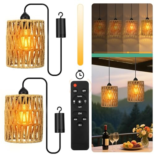 Nastopee 2er Boho Hängelampe mit Batterie Outdoor Indoor Pendelleuchte Akku Hängeleuchte Dimmbar mit Fernbedienung IP65 Wasserdicht Hängelampe ohne strom Akku für Innen Außen Garten Esszimmer