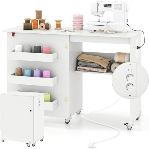 RELAX4LIFE Mesa de Costura Plegable con 3 Compartimentos, Estante, Estación de Carga Integrada, Mesa para Máquina de Coser con Ruedas, 116x40,5x78cm (Blanco-con Enchufe)