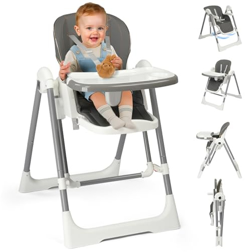 LEADZM Chaise Haute Bébé Pliable, 6 Hauteurs Réglables, Plateau Double Amovible, avec Roulettes Pivotantes, Charge Maximale 15 kg, Convient aux Bébés de 6 à 36 Mois (Gris)