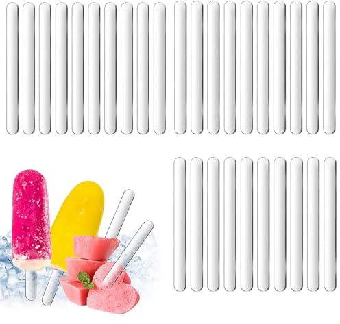 Shirene Palitos de hielo acrílicos transparentes reutilizables, 30 unidades de mangos acrílicos transparentes, palitos de helado para hacer helados caseros, tartas y manualidades, palos de hielo