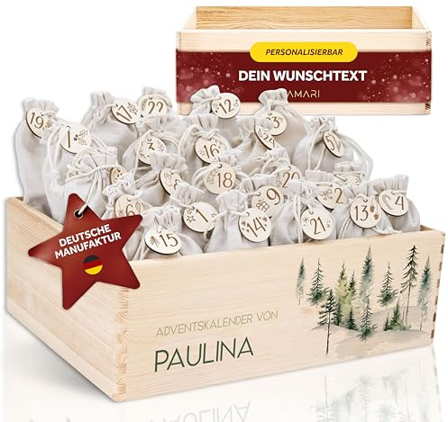 Amari ® Personalisierte Adventskiste 008 - Adventskalender 2025 aus Holz mit Namen - Weihnachtskalender für Kinder & Erwachsene