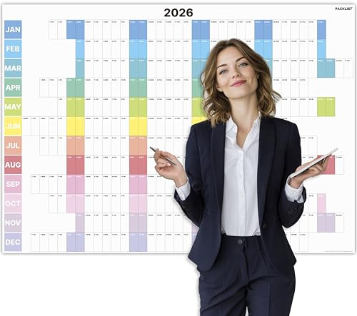 PACKLIST Calendrier mural annuel 2026 géant A1 (84 x 60 cm) avec semaines, design de colonne hebdomadaire pour organisation claire, idéal pour le bureau, la maison et les études