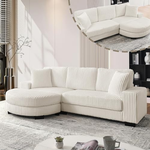 A ALFRESCOOL Sofa L Form mit Schlaffunktion, Ecksofa, Modulares Sofa, Klassisches Corduroy, mit Ovalem Hocker, 2 Kissen Lnklusive, für Wohnzimmer, Apartments & Büros, 256.5x133.5x89cm (Beige)