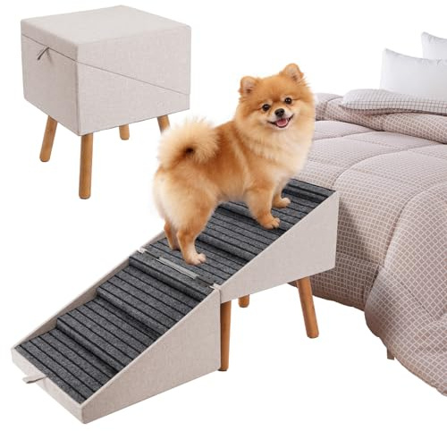 Hunderampe für Bett und Couch, Hundetreppe für große, mittlere und kleine Hunde, klappbare 2-in-1-Holztreppe für Welpen, ältere und verletzte Hunde, geteiltes Ottomane-Design (Aprikose-53,5 cm hoch)