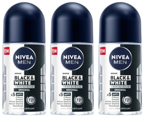 NIVEA Men Roll-On Deodorant Invisible Black & White Original, 72H Anti-Perspirant Protection, Fights Sweat & Body Odor, No White or Yellow Marks on Clothes, Long-Lasting Freshness, 25ml, Pack of 3