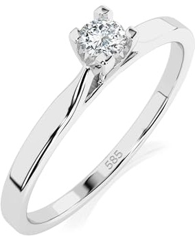 EDELIND Bague Solitaire Classique Or Blanc 585 avec Diamant 0.06 ct - Bague de Fiançailles Femme, Taille 60 (Ø19.1 mm)