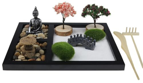 Licsaliwe Kit de jardín de Arena Zen, Mini Bandeja de Escritorio con rastrillos, Figuras de Buda y Accesorios para meditación, decoración de Oficina (Estilo 1)