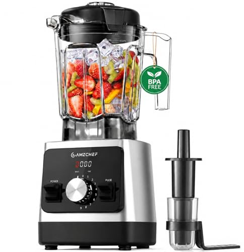 AMZCHEF Batidora de Vaso 1800W, Licuadora para Smoothies y Picar, con jarra grande de Tritan sin BPA, 2 Litros, 6 Cuchillas Inox Titanio, 9 Velocidades, Función Pulso, Pica Hielo Fácil, Negro/Plata