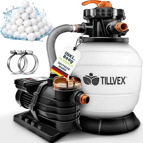 tillvex Système de Filtre à Sable 10m³/h + 800g Boules de Filtre – 7 Fonctions | Filtre de Piscine avec indicateur de Pression | Filtre à Sable pour bassins & piscines (Blanc/Orange avec minuterie)