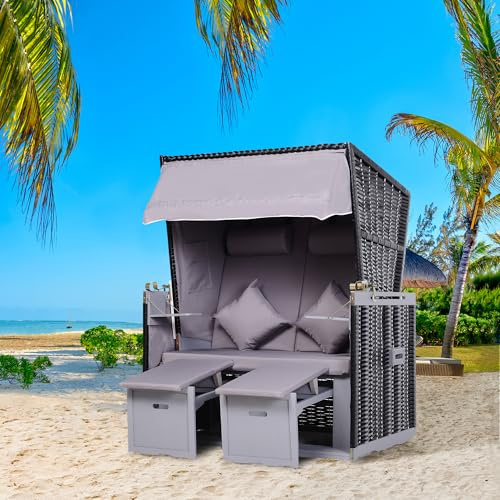 HOMELEN Strandkorb für 2 Personen, 5-Fach verstellbare Rückenlehne (bis 170°), ausziehbare Fußstützen & Sonnendach, wetterfester Kunststoffrattan-Rahmen, grau, 118 x 79 x 150 cm