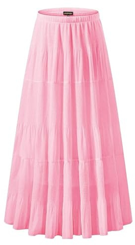 Elastisk Hög Midja Plisserad Midikjol I Chiffong for Kvinnor Casual A-linje Flowy Partykjol(Pink,XXL)