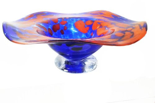 Oberstdorfer Glashütte Cuenco de cristal de colores azul y naranja, cristal jaspeado, soplado, diámetro aprox. 16 cm