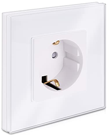 Navaris Presa Corrente Elettrica Schuko - Placca con Cornice in Vetro Bianco - Spina Prese per Parete - Scatola Incasso a Muro Placca Bianca Spina F