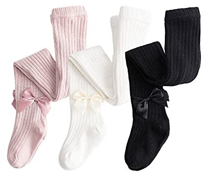 Dsaren 3er Kinder Strumpfhosen Mädchen Baumwolle Strickstrumpfhose Süß Socken Leggings (weiß, schwarz, pink, L (2-3 Jahre))