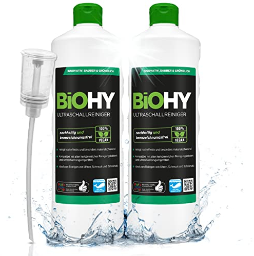 BiOHY Nettoyeur à ultrasons (2 x 1l Bouteille) + Distributeur | Nettoyage intensif & Doux des Lunettes | des Produits dentaires, de l'or | des pièces de Monnaie et des Bijoux (Ultraschallreiniger)