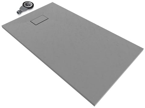 Moments of Glass SMC BOREAL Duschwanne 140x80 cm – extra flache Duschtasse (26 mm), rutschfest & robust, Schieferoptik, inkl. Ablaufgarnitur mit Deckel, Grau