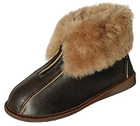 Damen & Herren Lammfell Hausschuhe Alaska Dunkelbraun Fellschuhe mit Reißverschluss 100% Merino Schaffell für Wohlgefühl - warm, atmungsaktiv