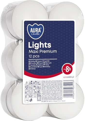 MAXI Candeline di produzione europea Bispol, durata 8 ore, 12 maxi lumini in bicchieri di alluminio, luce maxi senza profumo, certificazione RAL, approvazione PZH, candele grandi, tealight, 2,2 x