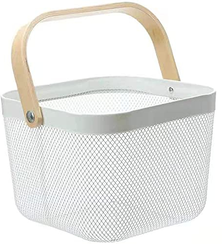 HOJKMA Netz Stahl Lagerung Aufbewahrungskorb mit Holz Henkel, Multifunktionaler Metalldraht Hängende Küchenkörbe Obstkorb Ideal für Küche, Bad, Speisekammer, Schrankhaus, Einkaufen, Weiß