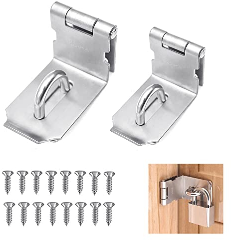 FIGFYOU 2 Stk Sicherheitsüberfallen 90 Grad Vorhängeschloss Edelstahl Schloss Vorrichtung Sicherheits Überfalle Türschloss Riegelschloss Haspe mit 16 Schrauben für Tür Fenster (3 Zoll und 4 Zoll)