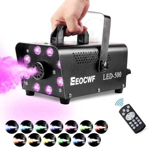 EEOCWF Máquina de niebla portátil de 500 W, máquina de humo profesional con 8 luces LED, control remoto inalámbrico 2 en 1, máquina de niebla automática, mini nebulizador de escenario para Halloween,