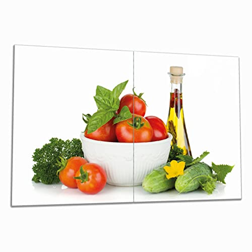 Wallario Herdabdeckplatte/Spritzschutz aus Glas, 2-teilig, 80x52cm mit 8 mm hohen Füßen, für Ceran- und Induktionsherde, Frische Salatzutaten mit Kräuter-Öl - Tomaten, Gurke, Petersilie