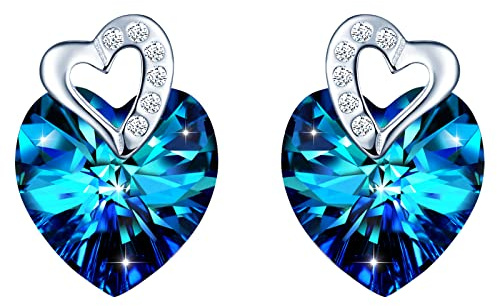 INFINIONLY Damen Blaue Herz Kristall Ohrringe Ohrhänger Elegante Herz Zirkonia Ohrstecker Fashion 925 Silber Saphir Ohrschmuck Frauen Schmuck