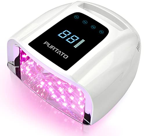 PURTATO Professional Rechargeable 96W UV LED Portable Cordless UV Light for Nail Lamp Machine with Removable Stainless Steel Bottom,4 Timer Setting and Smart Sensor Nail Dryer (White)