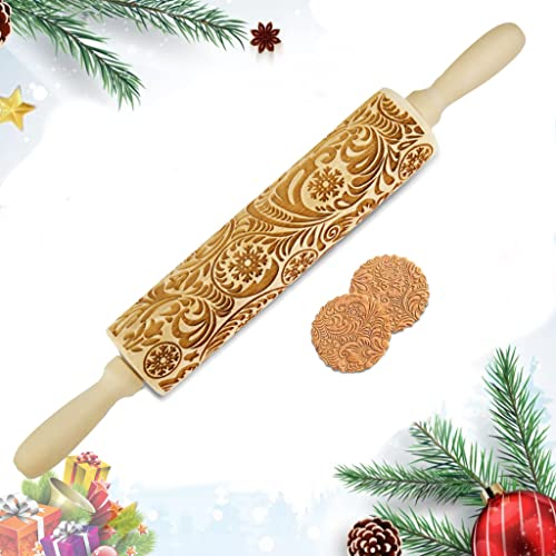 Rouleau à pâtisserie de gaufrage de Noël, Rouleau à pâtisserie en bois de Noël, Rouleau à pâtisserie en bois 3D pour DIY Fondant Gâteau Pâte à Biscuits Cookies(35 cm* 5 cm)