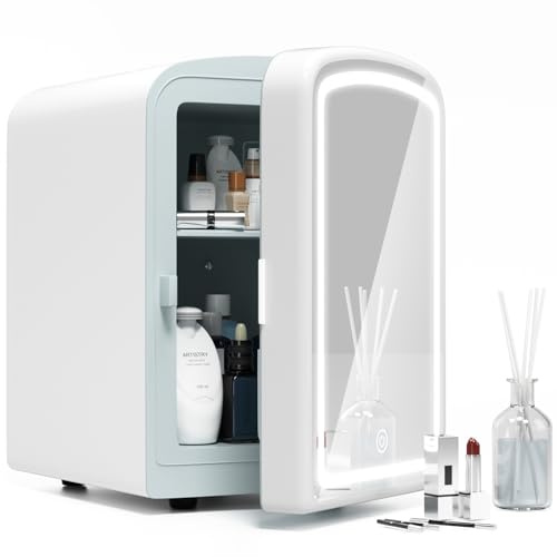 COYCYQI Mini réfrigérateur de soin de la peau - Petit réfrigérateur portable de 4 litres avec miroir LED réglable - Réfrigérateur de beauté personnel chaud ou froid pour chambre, bureau, voiture
