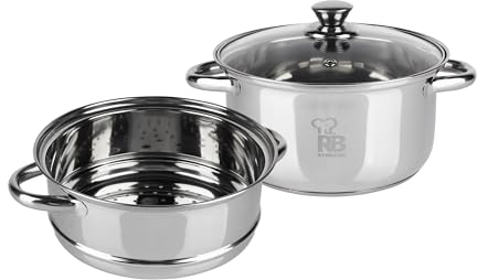 RB RENBERG Silver - Juego De 3 Piezas Cacerolas De Vapor - Fabricadas en Acero Inoxidable - 1 Cacerola Con Tapa 20cm - 1 Cacerola De Vapor 20cm - Acabado Interior Y Exterior Pulido- Asa Hueca