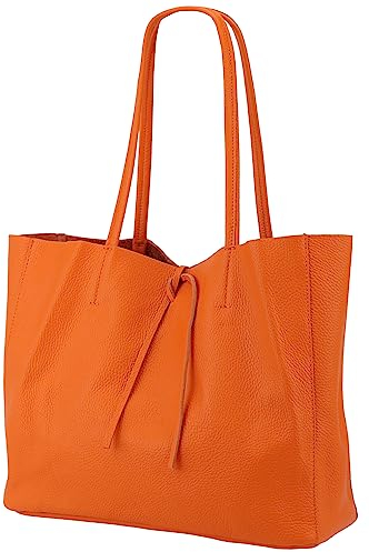 SH Leder ® Damen Echt Rindleder Shopper in Querformat mit Innentasche in vielen Farben Schultertasche Henkeltasche 30x37cm Maja G514 (Orange)