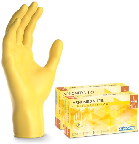 200x ARNOMED® Einweghandschuhe Gelb, Nitril Handschuhe, Einmalhandschuhe L | Nitrilhandschuhe Einweg puderfrei, Gummihandschuhe Einweg, Schutzhandschuhe, Handschuhe Nitril in XS, S, M, L