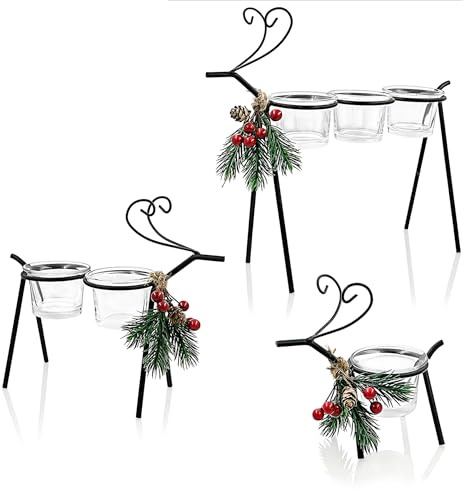 Toptime Teelichthalter Weihnachten, 3 Sets Rentier Formen Kerzenhalter Glas für Tischdeko, Kerzenständer Schwarz Metall mit Stechpalme, Teelichtgläser Weihnachten Deko für Neujahr, Feiertag, Party