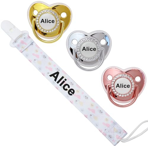 4 Stück, personalisierter Schnuller mit Namen, individueller Schnullerclip, Babygeschenk für neugeborene Jungen und Mädchen, glitzerndes Schnullerzubehör mit Namen (0–6 Monate) (White)