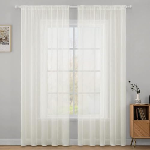 MIULEE Vorhänge Gardinen, Stangendurchzug Elfenbein, 2er Set 137x140cm | Transparente Gardine aus Voile, Luftig Leicht, Einfarbig Dekoschal für Wohnzimmer & Schlafzimmer