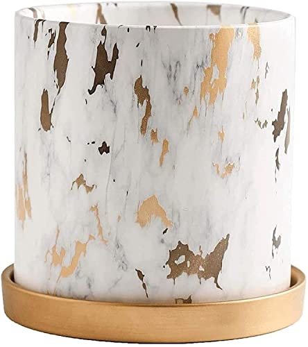 ECOLFE plant pots, Nordic Style Flowerpot Ceramic Marble Texture Flowerpots with Tray Indoor Seeder Ceramic Plant Basin with Drain Hole and Removable Decoration (Size : 14cm)