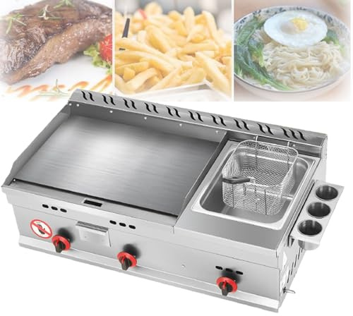 Fry Top a Gas Professionale, Friggitrice Integrata In Acciaio Inossidabile, Temperatura Costante Automatica, Macchina Per Pancake Con Piastra In Acciaio Da 8 Mm, Per Bistecche, Patatine Fritte, Oden