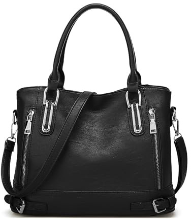 Long Keeper Leder Handtasche Damen - Tote Bag Shopper Tasche Kunstleder Handtasche Umhängetasche Groß Crossbody Damen Arbeitstasche Henkeltasche Schultertasche (Schwarz)